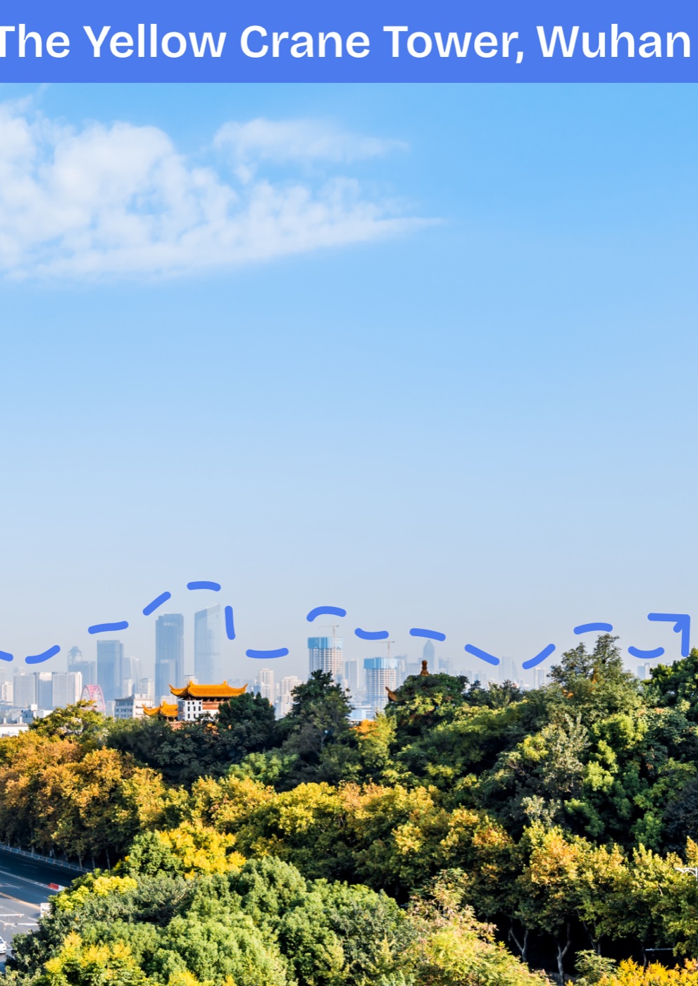 Yellow Crane Tower mid-zoom with dashed trail approaching