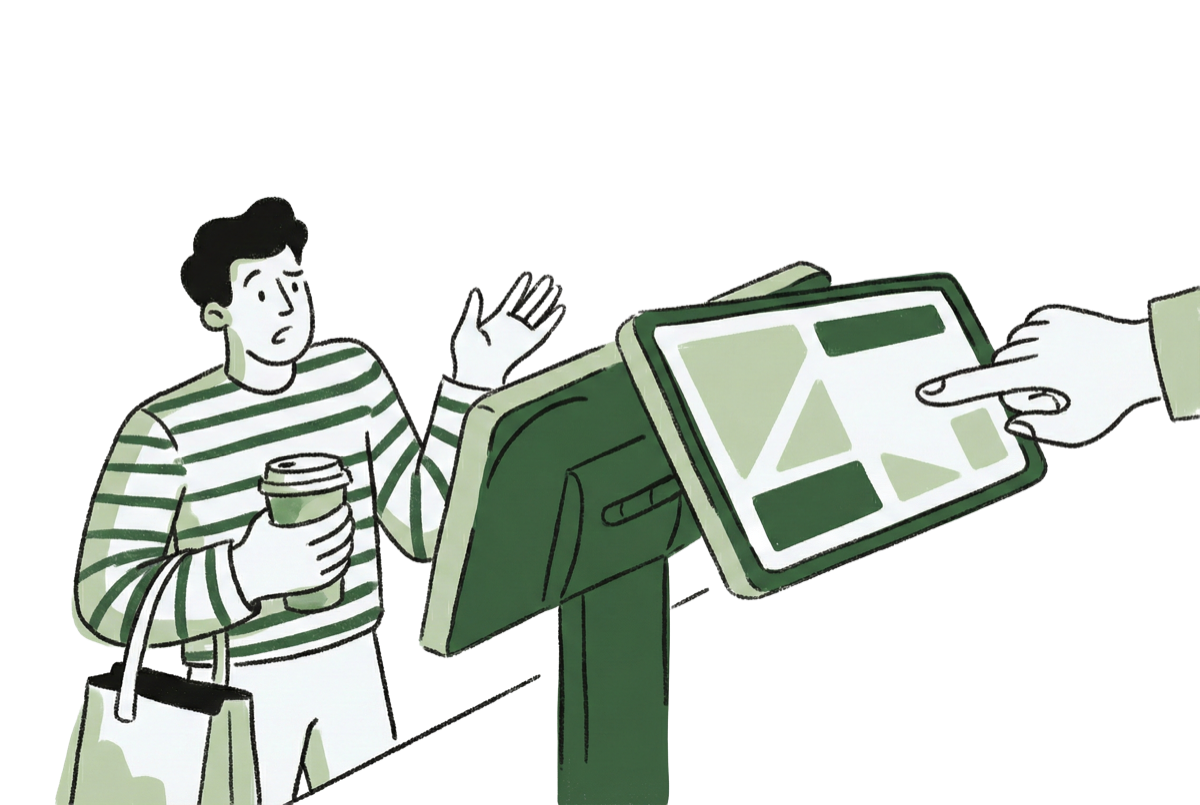 Illustration of a customer being shown a POS tip screen at a counter