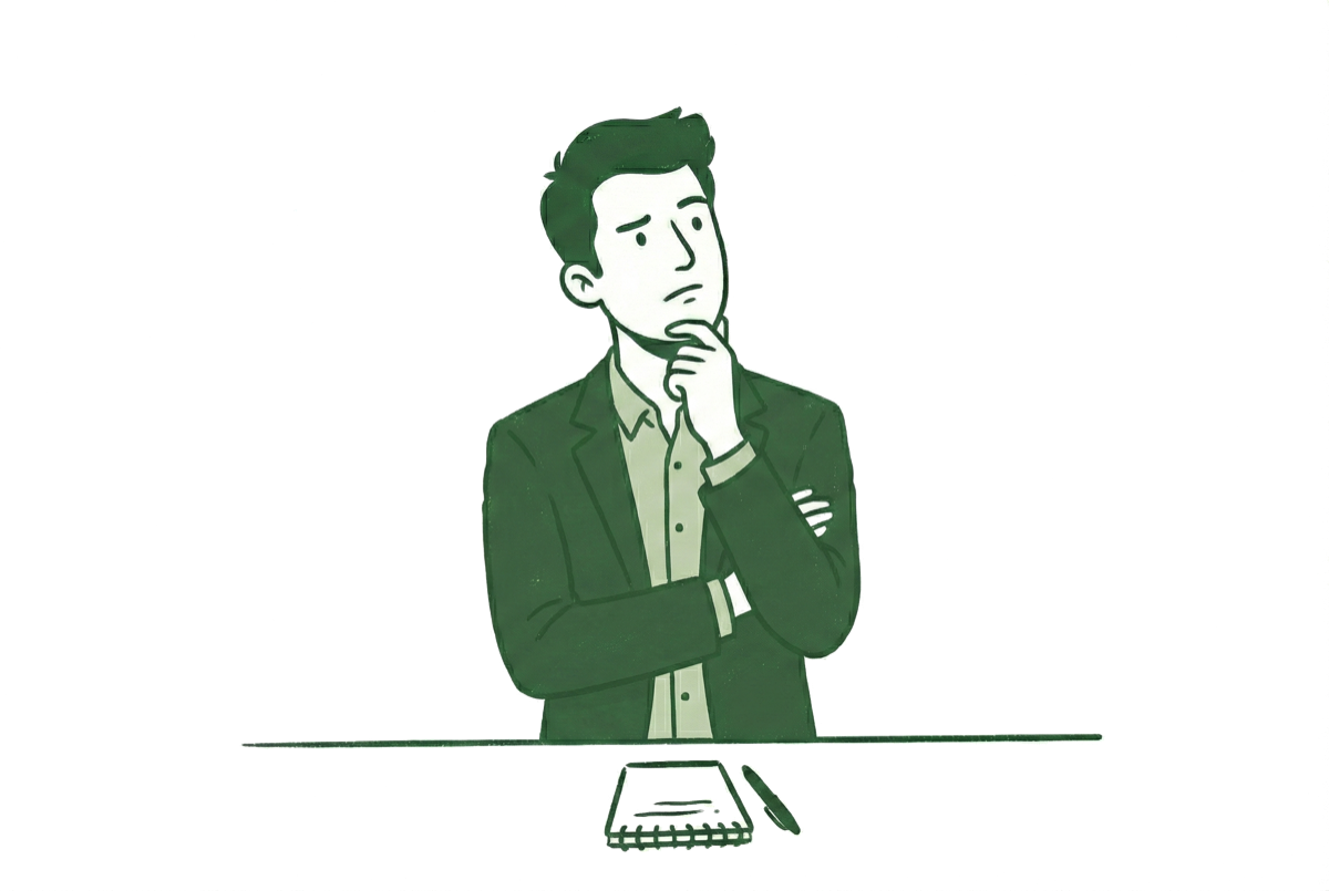 Illustration of a business owner thinking at a desk with a notepad