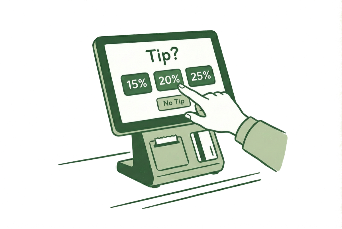 Illustration of a POS screen showing a tip prompt with 15, 20, and 25 percent options
